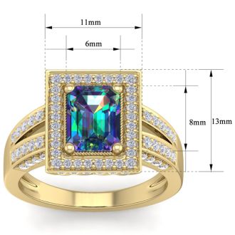 2-1/5 Carat Octagon Shape Mystic Topaz Ring With Halo Diamond In 14 Karat Yellow Gold