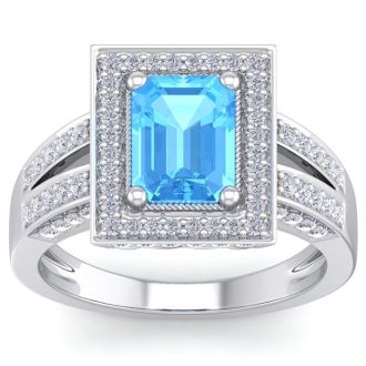 2 1/2 Carat Blue Topaz and Halo Diamond Ring In 14 Karat White Gold
