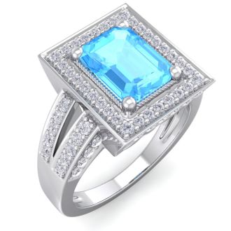 2 1/2 Carat Blue Topaz and Halo Diamond Ring In 14 Karat White Gold