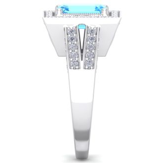 2 1/2 Carat Blue Topaz and Halo Diamond Ring In 14 Karat White Gold