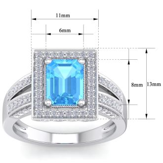 2 1/2 Carat Blue Topaz and Halo Diamond Ring In 14 Karat White Gold