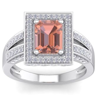 2 Carat Morganite and Halo Diamond Ring In 14 Karat White Gold