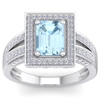 Aquamarine Ring: Aquamarine Jewelry: 2 Carat Aquamarine and Halo Diamond Ring In 14 Karat White Gold