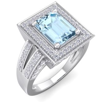 Aquamarine Ring: Aquamarine Jewelry: 2 Carat Aquamarine and Halo Diamond Ring In 14 Karat White Gold