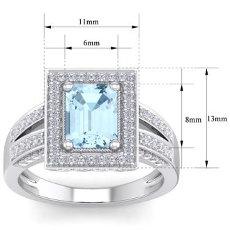 Aquamarine Ring: Aquamarine Jewelry: 2 Carat Aquamarine and Halo Diamond Ring In 14 Karat White Gold