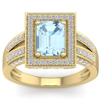 Aquamarine Ring: Aquamarine Jewelry: 2 Carat Aquamarine and Halo Diamond Ring In 14 Karat Yellow Gold