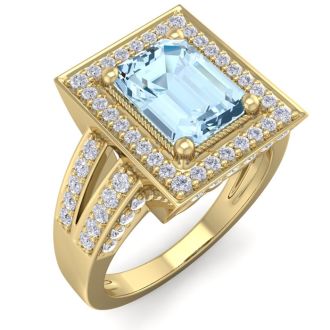 Aquamarine Ring: Aquamarine Jewelry: 2 Carat Aquamarine and Halo Diamond Ring In 14 Karat Yellow Gold