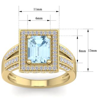 Aquamarine Ring: Aquamarine Jewelry: 2 Carat Aquamarine and Halo Diamond Ring In 14 Karat Yellow Gold