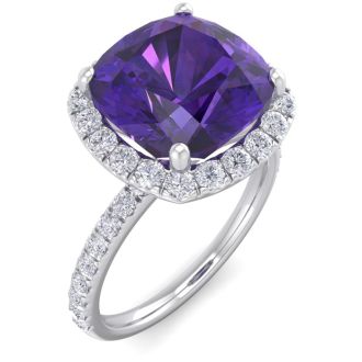 5 1/2 Carat Cushion Cut Amethyst and Diamond Ring In 14 Karat White Gold