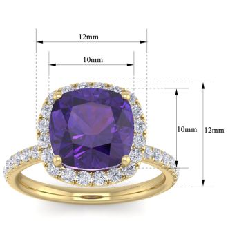 5 1/2 Carat Cushion Cut Amethyst and Diamond Ring In 14 Karat Yellow Gold