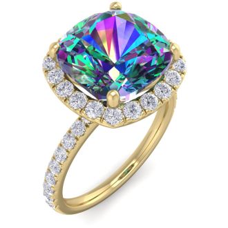 5-1/2 Carat Cushion Shape Mystic Topaz Ring With diamond Halo In 14 Karat Yellow Gold