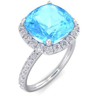 6 Carat Cushion Cut Blue Topaz and Diamond Ring In 14 Karat White Gold