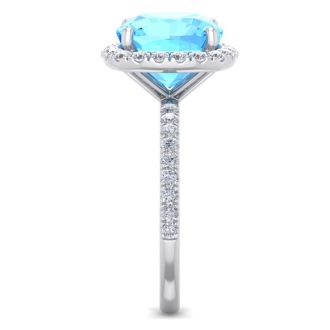 6 Carat Cushion Cut Blue Topaz and Diamond Ring In 14 Karat White Gold