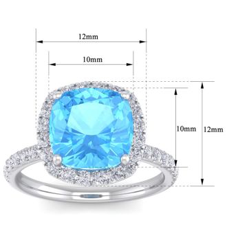 6 Carat Cushion Cut Blue Topaz and Diamond Ring In 14 Karat White Gold