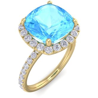 6 Carat Cushion Cut Blue Topaz and Diamond Ring In 14 Karat Yellow Gold