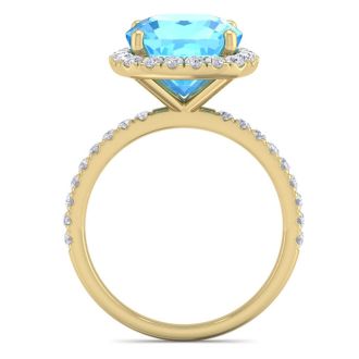 6 Carat Cushion Cut Blue Topaz and Diamond Ring In 14 Karat Yellow Gold