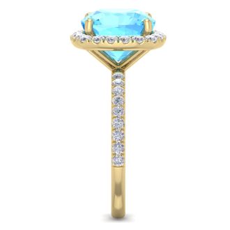 6 Carat Cushion Cut Blue Topaz and Diamond Ring In 14 Karat Yellow Gold