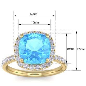 6 Carat Cushion Cut Blue Topaz and Diamond Ring In 14 Karat Yellow Gold