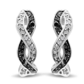 1/4 Carat Black and White Diamond Swirl Hoop Earrings, 1/2 Inch, Hidden Snap Backs
