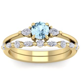 Aquamarine Ring: Aquamarine Jewelry: 7/8 Carat Aquamarine and Diamond Antique Style Bridal Set In 14 Karat Yellow Gold