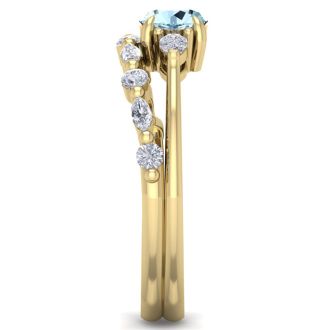 Aquamarine Ring: Aquamarine Jewelry: 7/8 Carat Aquamarine and Diamond Antique Style Bridal Set In 14 Karat Yellow Gold