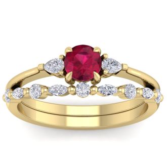 1 Carat Ruby and Diamond Antique Style Bridal Set In 14 Karat Yellow Gold