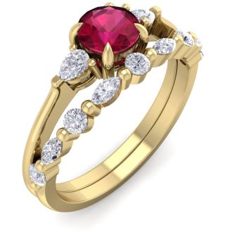 1 Carat Ruby and Diamond Antique Style Bridal Set In 14 Karat Yellow Gold