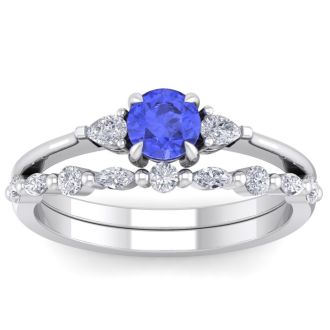 1 Carat Tanzanite and Diamond Antique Style Bridal Set In 14 Karat White Gold