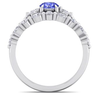1 Carat Tanzanite and Diamond Antique Style Bridal Set In 14 Karat White Gold