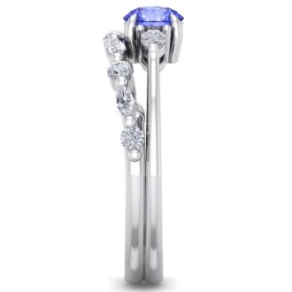1 Carat Tanzanite and Diamond Antique Style Bridal Set In 14 Karat White Gold