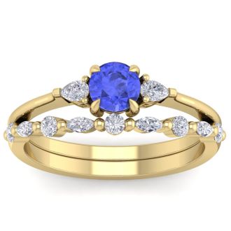 1 Carat Tanzanite and Diamond Antique Style Bridal Set In 14 Karat Yellow Gold
