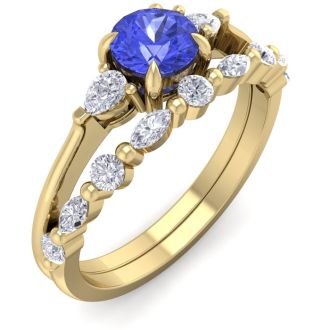 1 Carat Tanzanite and Diamond Antique Style Bridal Set In 14 Karat Yellow Gold