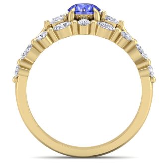 1 Carat Tanzanite and Diamond Antique Style Bridal Set In 14 Karat Yellow Gold