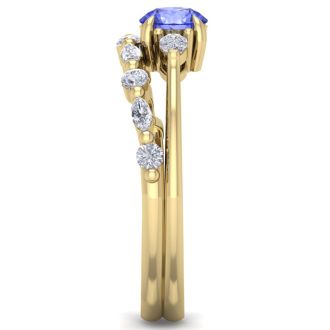 1 Carat Tanzanite and Diamond Antique Style Bridal Set In 14 Karat Yellow Gold