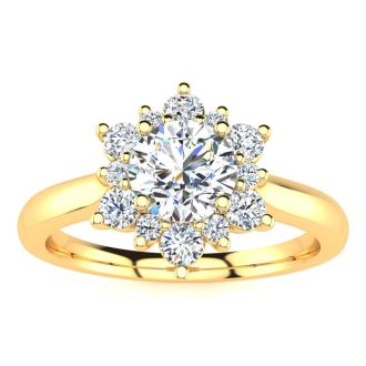 Moissanite Engagement Ring; 1 1/2 Carat Round Shape Flower Halo Moissanite Engagement Ring In 14K Yellow Gold
