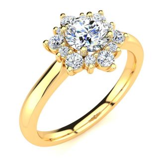 Moissanite Engagement Ring; 1 1/2 Carat Round Shape Flower Halo Moissanite Engagement Ring In 14K Yellow Gold
