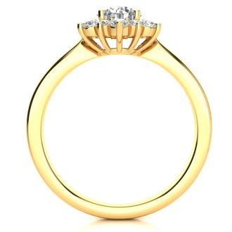 Moissanite Engagement Ring; 1 1/2 Carat Round Shape Flower Halo Moissanite Engagement Ring In 14K Yellow Gold