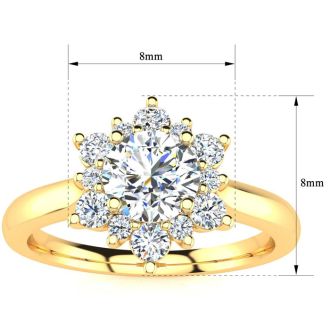 Moissanite Engagement Ring; 1 1/2 Carat Round Shape Flower Halo Moissanite Engagement Ring In 14K Yellow Gold