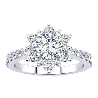 2 Carat Round Shape Flower Halo Moissanite Engagement Ring In 14K White Gold
