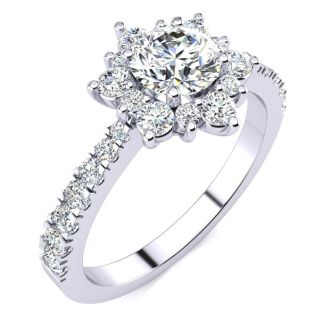 Moissanite Engagement Ring; 2 Carat Round Shape Flower Halo Moissanite Engagement Ring In 14K White Gold