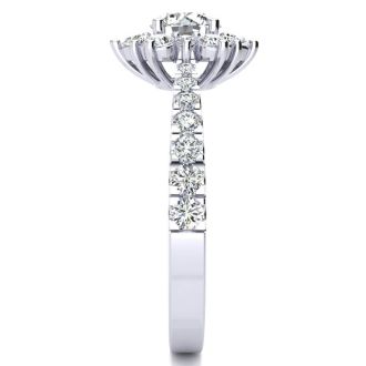 Moissanite Engagement Ring; 2 Carat Round Shape Flower Halo Moissanite Engagement Ring In 14K White Gold