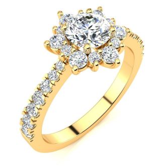 Moissanite Engagement Ring; 2 Carat Round Shape Flower Halo Moissanite Engagement Ring In 14K Yellow Gold