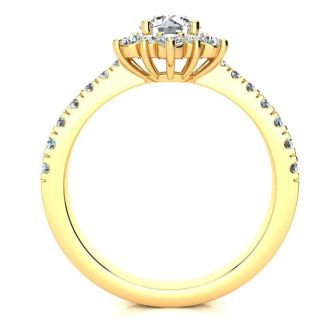 Moissanite Engagement Ring; 2 Carat Round Shape Flower Halo Moissanite Engagement Ring In 14K Yellow Gold