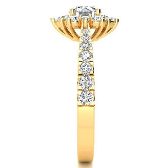 Moissanite Engagement Ring; 2 Carat Round Shape Flower Halo Moissanite Engagement Ring In 14K Yellow Gold
