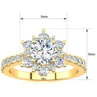 Moissanite Engagement Ring; 2 Carat Round Shape Flower Halo Moissanite Engagement Ring In 14K Yellow Gold