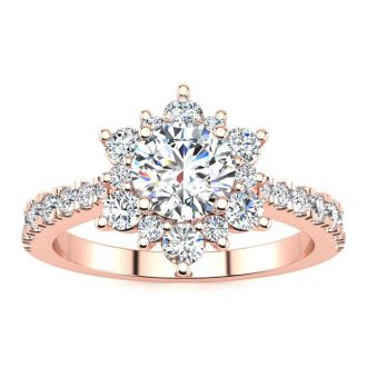 2 Carat Round Shape Flower Halo Moissanite Engagement Ring In 14K Rose Gold