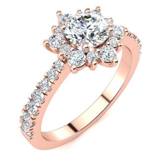 Moissanite Engagement Ring; 2 Carat Round Shape Flower Halo Moissanite Engagement Ring In 14K Rose Gold