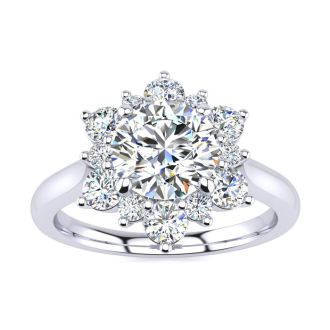 Cheap Engagement Rings, 3/4 Carat Round Shape Flower Halo Moissanite Engagement Ring In 14K White Gold