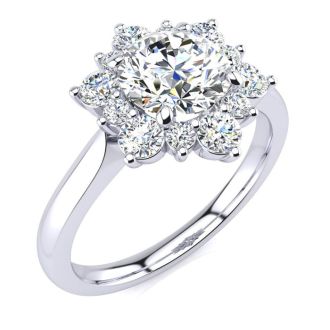 Moissanite Engagement Ring; 3/4 Carat Round Shape Flower Halo Moissanite Engagement Ring In 14K White Gold