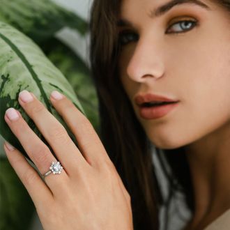 Moissanite Engagement Ring; 3/4 Carat Round Shape Flower Halo Moissanite Engagement Ring In 14K White Gold